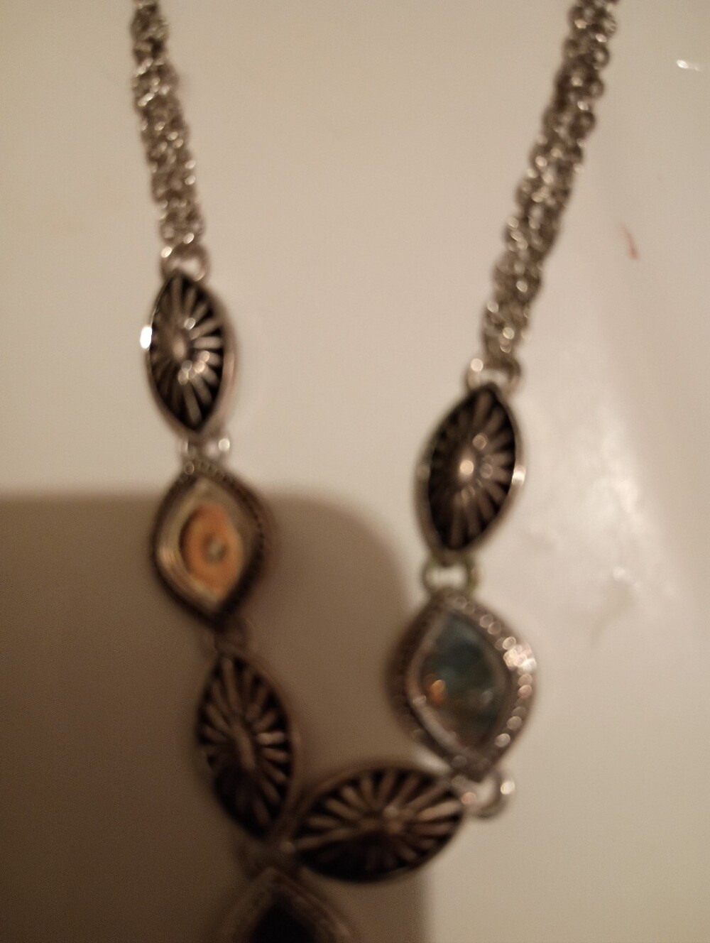 Vintage Black Lucite, Silver Tone, Two Strand Necklace With Few Stones Missing.